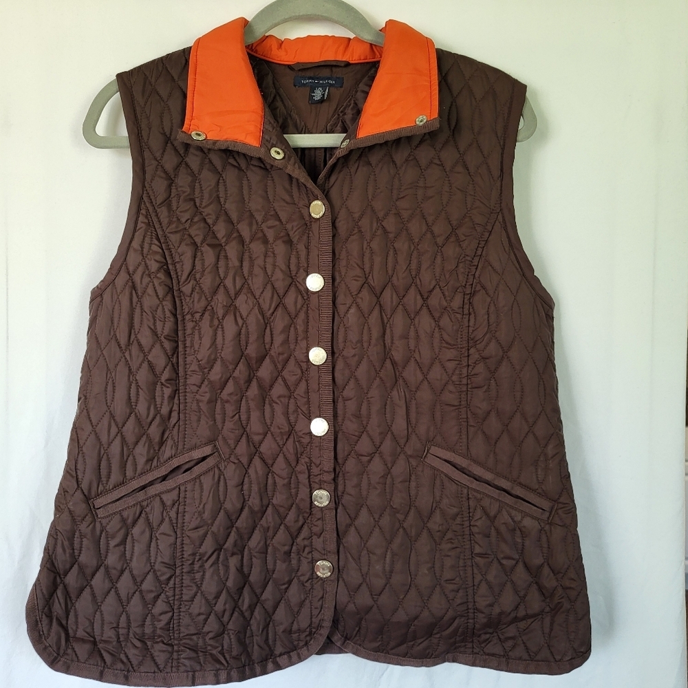 Tommy Hilfiger Quilted Brown/ Orange Vest with silver snap buttons L